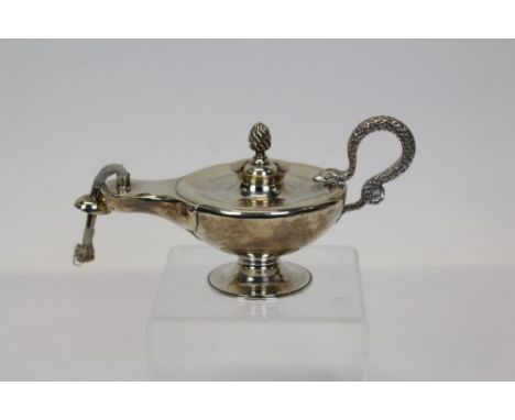 Elaborate silver cigar lighter - Birmingham 1920 - in the form of Aladdin's Lamp, with serpent handle, engraved presentation 