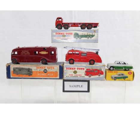 Dinky boxed selection - including Horse Box 581, Articulated Lorry 921, Fire Engine 555, Vauxhall Cresta 164, Coles Crane 972