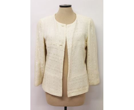 Chanel cream wool mix jacket with applied sequins, two-button fastening (buttons loose but present), chain-stitched to inside