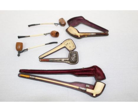 19th century plain meerschaum pipe - long slender stem, amber mouthpiece, 36cm, cased, together with silver cased pipe, dated