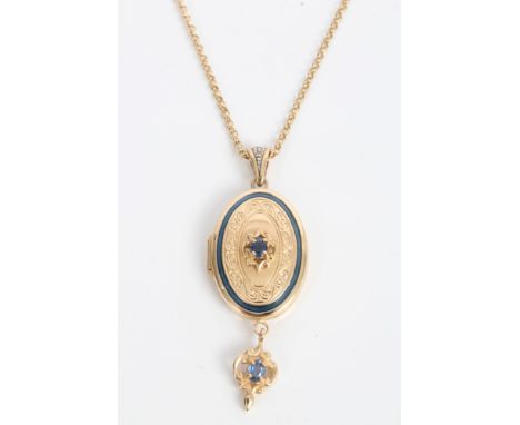 Gold (14ct) sapphire and blue enamel oval locket with sapphire pendant drop on a diamond set loop with gold belcher link chai