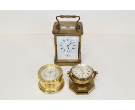 Contemporary Matthew Norman carriage clock with eight day alarm movement and lever escapement, striking on a gong, white enam