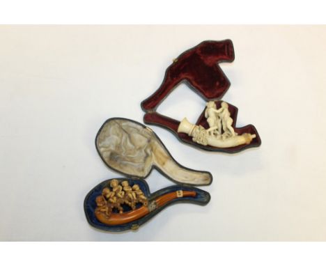 Late 19th century meerschaum cheroot holder carved with five children sliding on a branch - one smoking a pipe, with silver c