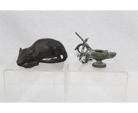 Cast iron model of a rat - possibly Japanese, together with a cast metal hanging spirit lamp (2)