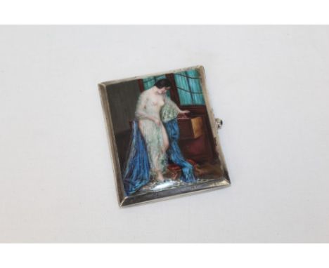 Fine early 20th century Continental enamelled silver cigarette box of square cushion form, the hinged cover well-painted with