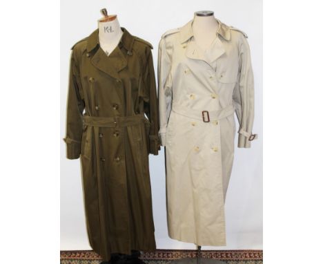 Two ladies' vintage Burberry's Macs - one beige size 12 long and one sage-green size ex-long size 14
