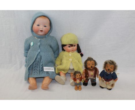 Steiff toy hedgehogs - Mecki, Micki and Machi - all with chest tags, Mecki and Micki also have red bangle with yellow tags, a