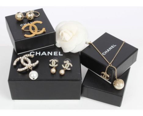 Chanel vintage costume jewellery to include white silk camellia flower brooch / corsage pin with Chanel metal tag on back, in