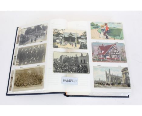 Postcards in album - including real photographic social history, Boots Cash Chemist's shop front and vehicle with staff, stre