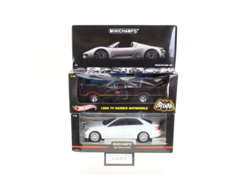 Diecast boxed selection of larger scale models, sport and performance cars - including Minichamps for Bentley, Hot Wheels Bat