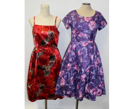 Ladies' vintage red and black rose pattern cocktail dress by Melbray, similar 'Wendy' dress in purple and pink - both 1950s /