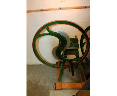 R. Hunt & Co. 'Simplex' chaff cutter - finely restored in green and red livery, mounted on a hardwood four-wheeled barrow If 
