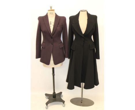 Alexander McQueen 2012 black wool crepe long-length coat fitted to waist then flared, button front and cuffs, size 38, plus a