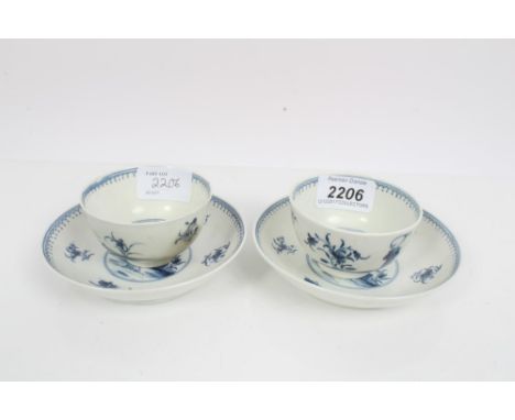 Two 18th century Worcester porcelain tea bowls and saucers painted in underglazed blue in the Waiting Chinaman pattern, circa