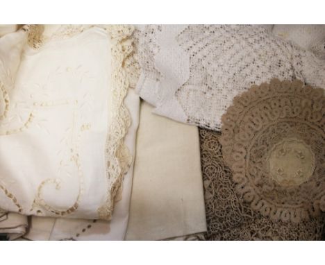 Vintage table linens - including 1940s Tsingtao embroidered tablecloths, floral embroidery, pulled-thread work, wide bobbin l