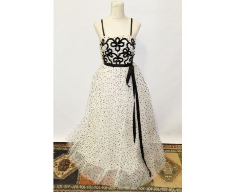 Vintage Jean Allen evening gown - shoestring strap, white net with sequins and polka-dots on full skirt, 'London Maid' green 