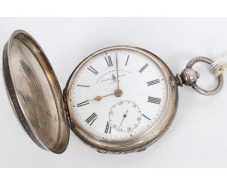 British Watch Co. Ltd. silver cased pocket watch with Roman numerals on white enamel dial and subsidiary seconds in engraved 
