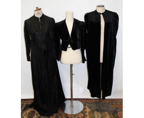 Ladies' vintage black velvet cropped evening jacket with silk lining, long-length black velvet evening cloak, black brocade f