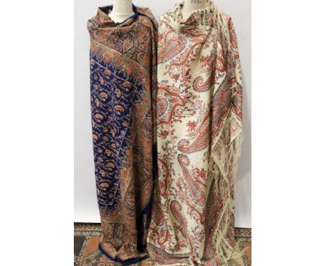 Two vintage shawls - both wool with printed paisley pattern and fringing, 160cm square and 190cm x 150cm