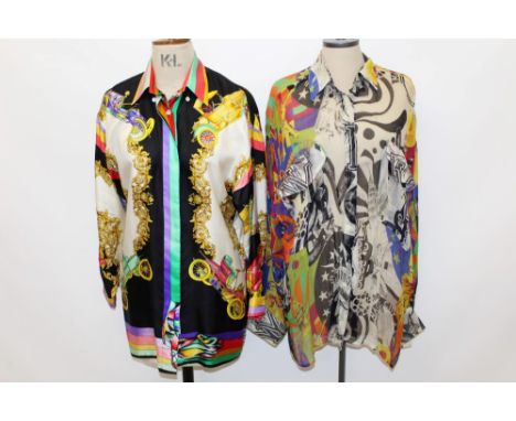Versace sport silk shirt with vintage car and baroque foliate design, size 38, together with Versace Jeans Couture sheer shir