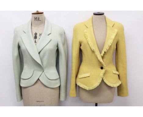 Two Christian Dior Boutique short wool jackets - the pastel green with cream silk lining with embroidered logo, size 12, the 