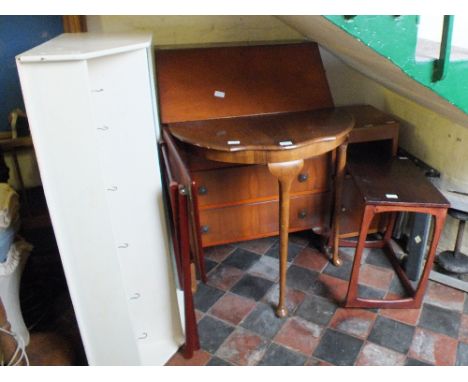 A modern bureau, a Walnut hallstand, a bedside cabinet, an occasional table and a painted shelf