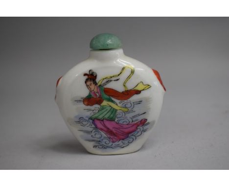 A Chinese Ceramic Snuff bottle of Oval Form with Rounded Shoulders, Tapering to Base with Handpainted Enamels depicting Maide