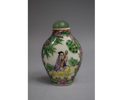 A Chinese Ceramic Snuff Bottle of Rounded Rectangular Form decorated in Famille Rose Enamels with Central Scene depicting Mai