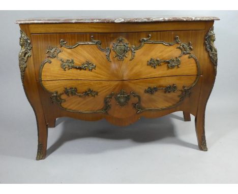 A French Louis XV Style Marble Topped Ormolu Mounted Bombe Commode Chest of Two Long Drawers on Splayed Supports. 125cms Wide