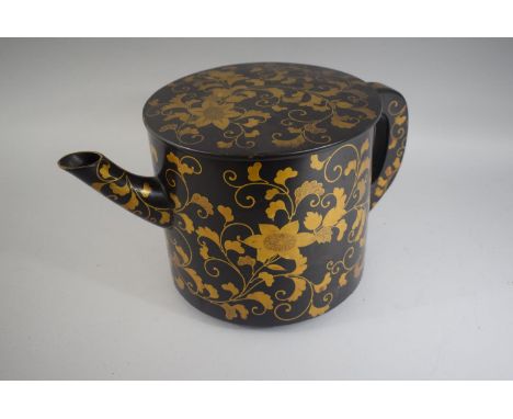 A Good Japanese Lacquer Teapot with Gilt Floriate Decoration of Circular Form on Three Feet. 19cms High