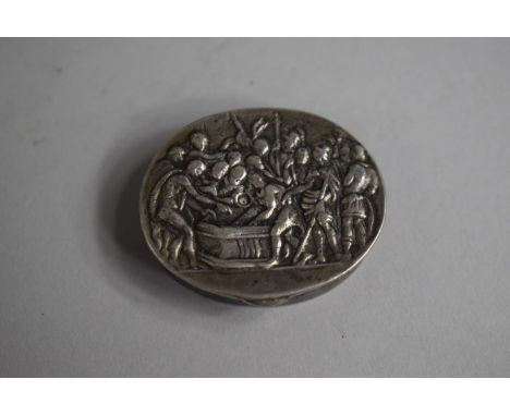 A Continental Silver (Stamped 915 Marked with a Star) Pill/Snuff Box. Gilt Interior Stamped PR. Exterior with Scene depicting