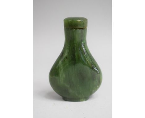 A Chinese Spinach Green Jade Snuff Bottle of Flattened Pear Shape Complete with Stopper. 6cms High 