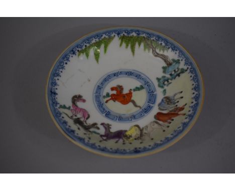 An Oriental Blue and White Dish decorated in Coloured Enamels with Tree and Horses. under Glazed Blue Seal Mark and Paper Lab