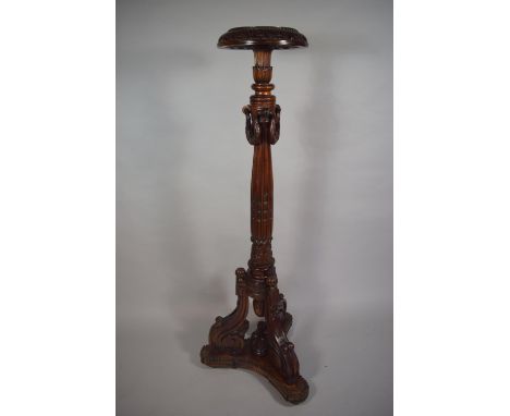A Reproduction Carved and Reeded Victorian Style Torchere Stand in Mahogany with Tripod Scrolled Supports, Acanthus Decoratio
