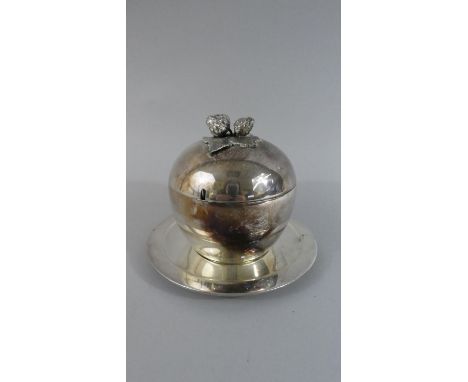 A Silver (Stamped 925) Preserve Pot having Strawberry Finial, Glass Lined and with Original Saucer. 12cms Tall 