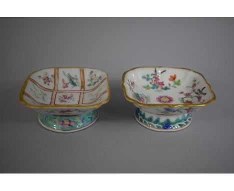 A Near Pair of Chinese Circular Footed Square Topped Dishes decorated with Flowers. Red Seal Mark to Base 