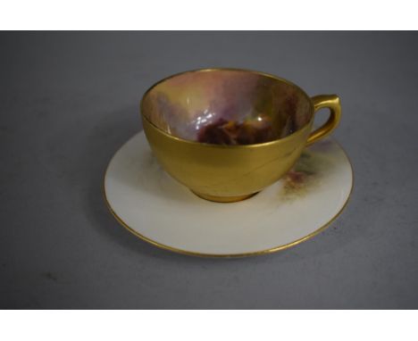 A Royal Worcester Miniature Cup and Saucer decorated with Highland Cattle, Signed H Stinton, Cup AF