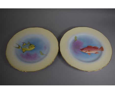 A Pair of Royal Worcester Hand Painted Cabinet Plates depicting Fish and Sea Horses. Signed H.Ayrton 