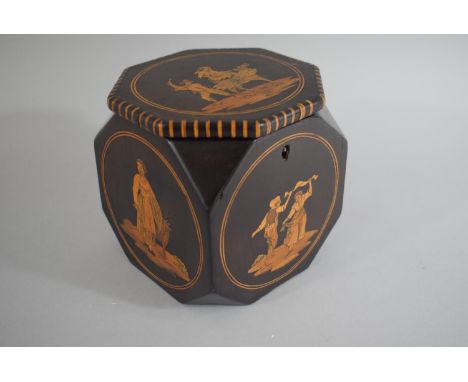 A 19th Century Sorrento Ware Cubic Tea Caddy with Inlaid Decoration to all Sides and Hinged Octagonal Lid. Complete with Key.