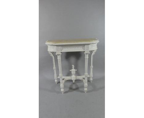 A Late Victorian Marble Topped White Painted Console Table with Turned Reeded and Carved Supports and Vase Base Finial. 96cms