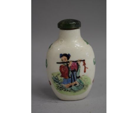 A Chinese Snuff Bottle of Rectangular Form with Rounded Shoulders Tapering to Base decorated with Hand Painted Enamels Depict
