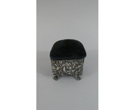 A Pretty Silver Dressing Table Trinket Box/Pin Cushion, Decorated in Relief with Flowers and on Four Claw Feet, Velvet Hinged