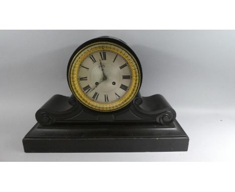 A Large Black Slate Mantel Clock of Drum Head Form with Eight Day Movement. 47cms Wide 