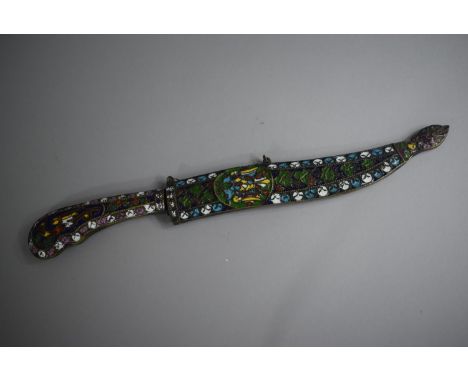 An Eastern European Curved Blade Dagger with Enamelled Handle and Scabbard decorated with Two Headed Eagles and Dragons. 31cm