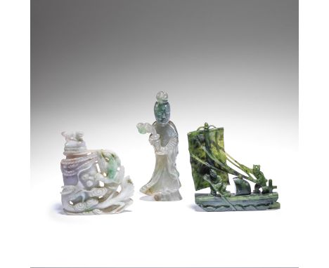 THREE VARIOUSLY JADE AND JADEITE CARVINGSLate Qing DynastyComprising: a translucent green jadeite figure of a standing lady h