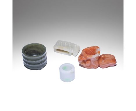 A GROUP OF JADE AND CARNELIAN CARVED ITEMSQing DynastyComprising: a carnelian double brushwasher, carved in the form of a lin