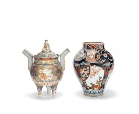 AN IMARI BALUSTER VASE AND A TRIPOD INCENSE BURNER AND COVER18th and 19th centuryThe incense burner with angular handles, mou