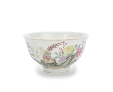 A FAMILLE ROSE 'PHEASANTS AND PEONIES' BOWLQianlong enamelled four-character mark, Republic PeriodThe thinly potted vessel en
