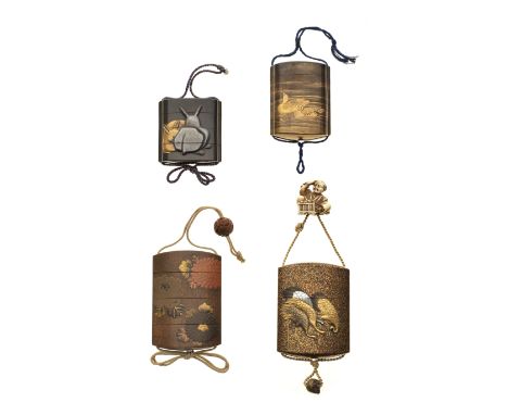 A GROUP OF LACQUER AND LACQUERED BAMBOO INRO19th centuryFinely and variously decorated with flocks of cranes on a nashiji gro