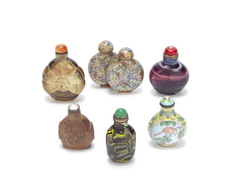 A GROUP OF SIX VARIOUS SNUFF BOTTLES19th/20th centuryComprising: a conjoined cloisonné enamel bottle with floral decoration; 
